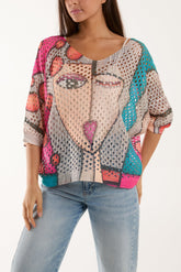 Multi Crochet Knit Winking Face Top For Women ONE SIZE - Dropwear